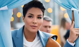 a woman wearing a suit and holding onto a pole