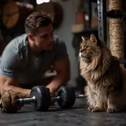 a cat is sitting on the floor while a man with a dumbs sit in front of him