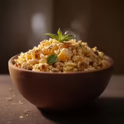 a bowl of mixed food in it on a table