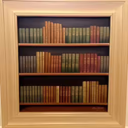 picture of a bookshelf with three rows and one shelf full of books,a white frame with a picture of many books on it,framed photograph of an old book shelf full of books,a white framed book shelf that has many books in it,old antique bookcase full of books sitting in a corner