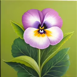 the painting shows a purple flower with green leaves on a green background,a close up of a flower on a green background