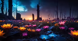 colorful flowers on the ground at night with the sun behind them