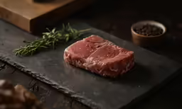 a piece of meat sitting on a cutting board near a knife