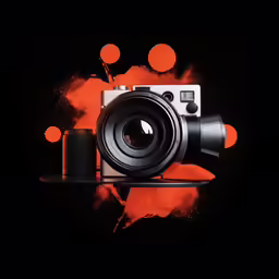 a camera and some orange bubbles on black