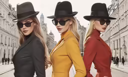 two woman are standing in the middle of an intersection wearing hats and jackets