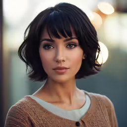 a woman with short dark hair and a sweater