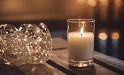 a lighted candle on a table beside some glasses