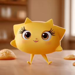 an animated little yellow cat that is on a table