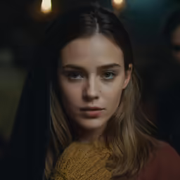a woman with a yellow sweater and black shawl looks down