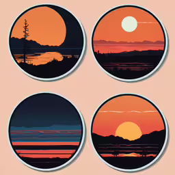 four coasters are shown featuring sunset and mountains,four circular pictures are on top of a pink background
