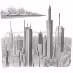 drawing of a very tall city with a huge sky cloud,the city and clouds are drawn in pencil