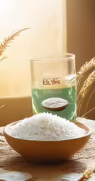 rice sitting on top of a wooden table next to a bowl