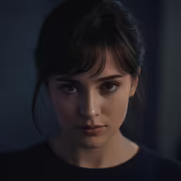 a woman looking directly at the camera with blue eyes