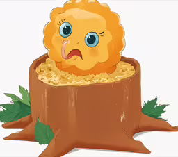 a cartoon yellow bird sitting inside of a piece of wood,an illustrated image of a cartoon chicken in a pot