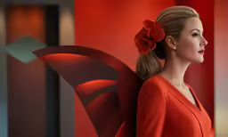 a woman with long, blond hair wearing a red dress with big, pretty flowers in the back