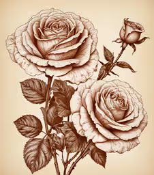 an antique drawing of three roses on a beige background,an antique drawing of two roses