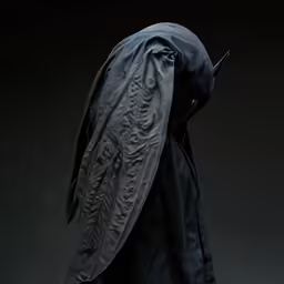 a person in black cloak and hood, on dark background