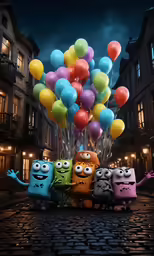 two monsters in front of a bunch of balloons