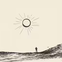a man standing on a wave with the sun in the distance