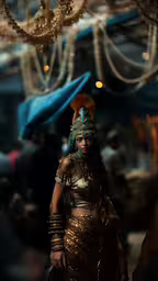 a woman in costume and gold jewelry,a woman with gold and blue costume standing in the market