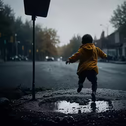 a little boy standing on top of a puddle