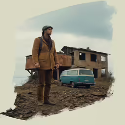 a man with an open shirt standing in front of a van