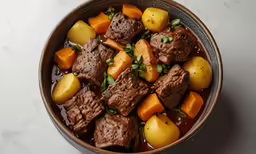a bowl filled with beef and root stew