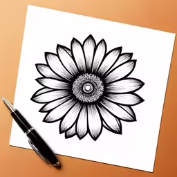a drawing of a black and white sunflower with a black pen on the table