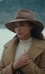 a young woman in a hat looks away from the camera