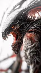 a black bird that has red eyes on it