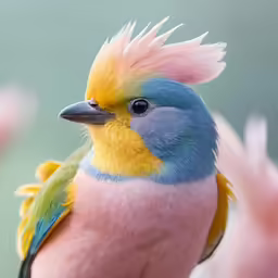a colorful bird with feathers sitting on the palm of someones hand
