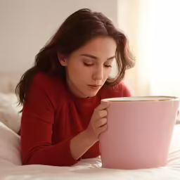 a woman is holding a mug while she sits on her bed
