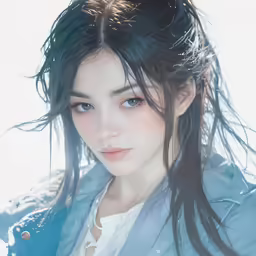 a woman with dark hair and blue jacket in snow