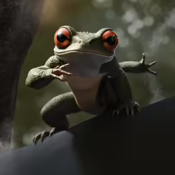a frog with red eyes standing on top of a rock