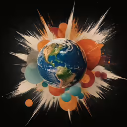 the earth surrounded by bubbles and confetti