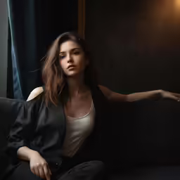 a woman wearing dark clothes is sitting on the couch