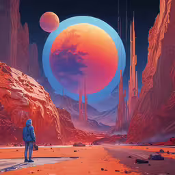 a man standing on top of a desert under a giant orange disk,an alien scene with two young men and one person in front of the scenery