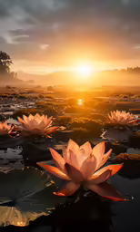 pink water lilies at sunset in the lake