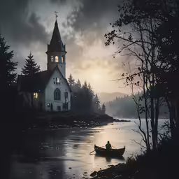 a church on an island lit up by a light from a candle
