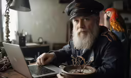 a man in a pirate hat sits at a table and uses his laptop