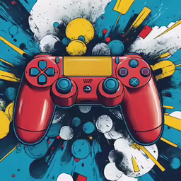 an abstract painting shows a red controller surrounded by abstract shapes