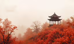 a pagoda in the midst of trees and red leaves