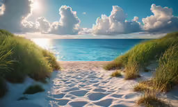 a path leading to the ocean and grass