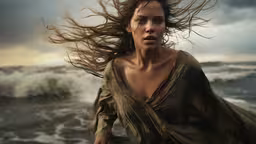 a woman holding a surfboard with her hair blowing in the wind,the woman with the long hair is standing in front of the water