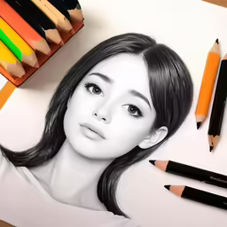 pencil and crayon markers are in front of a portrait