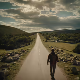 the man walks down the lonely road towards the sky