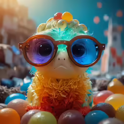 a stuffed bird wearing sunglasses in a pile of candy