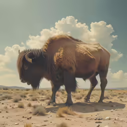 a large yak walking across a dry landscape