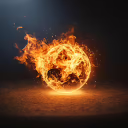 an empty basketball ball sits on fire, against a dark background