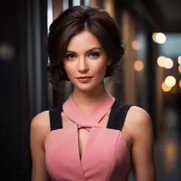 woman in pink top and black tie posing for picture